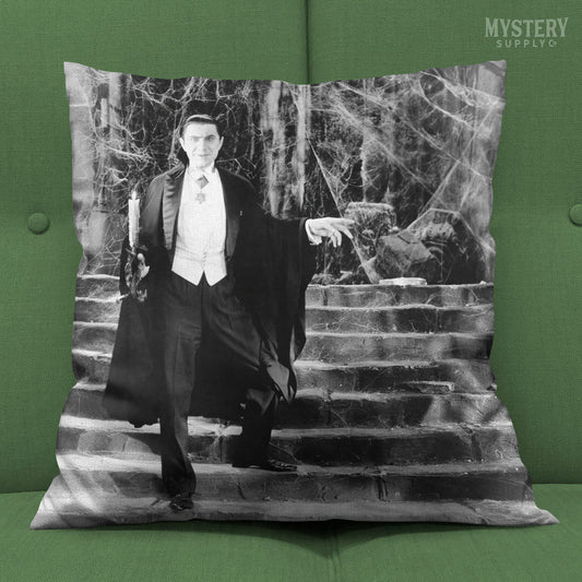 Dracula 1930s Vintage Bela Lugosi Horror Movie Vampire Monster Spooky Candle Steps Cobwebs Black and White double sided decorative throw pillow home decor from Mystery Supply Co. @mysterysupplyco