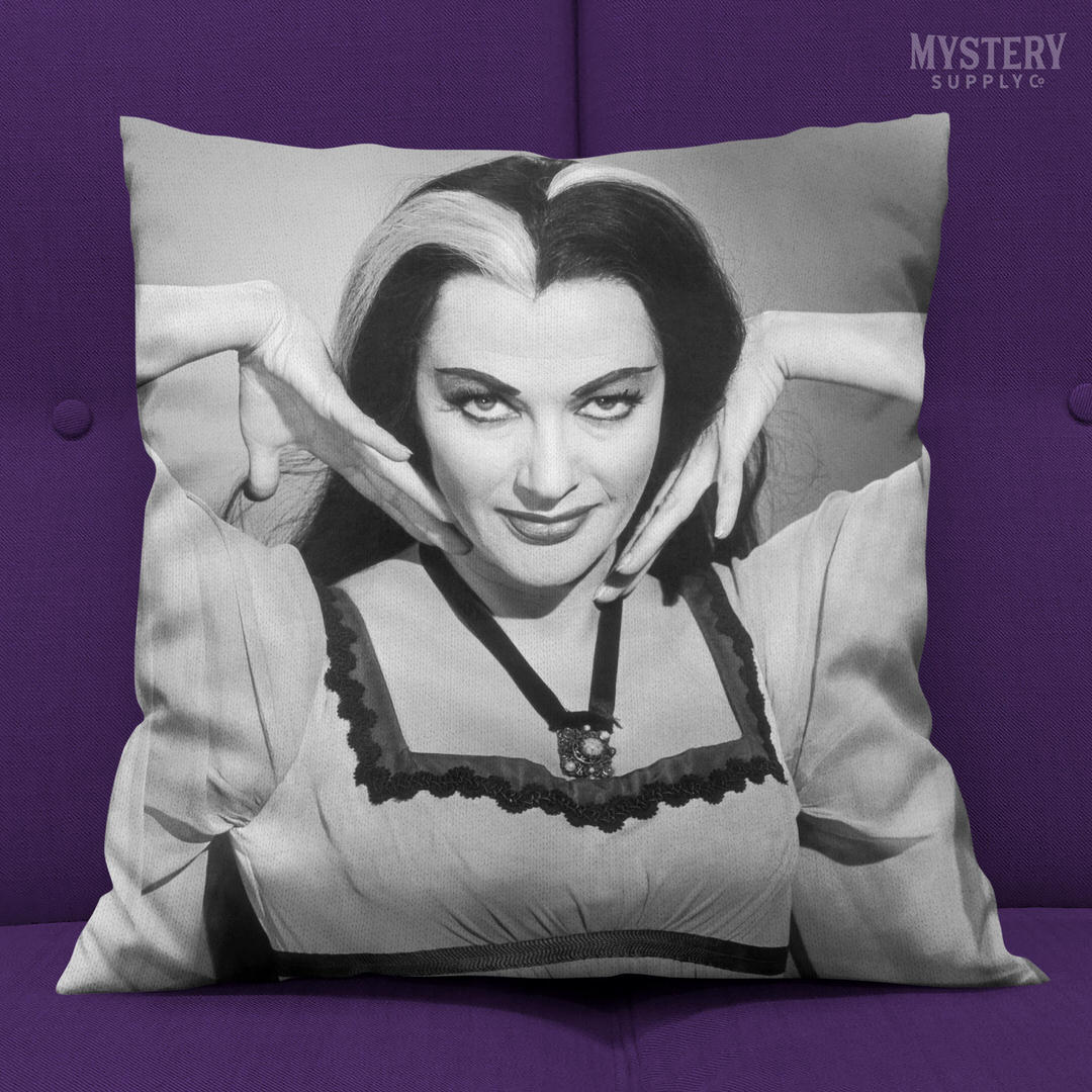 Lily Munster Yvonne De Carlo 1960s Vintage The Munsters Vampire Horror Monster Beauty Black and White double sided decorative throw pillow home decor from Mystery Supply Co. @mysterysupplyco