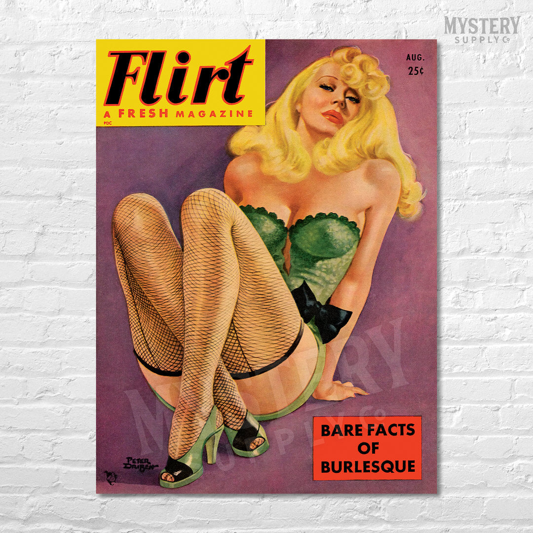 Flirt August 1951 vintage pinup lingerie fishnet stockings heels corset pulp magazine cover reproduction from Mystery Supply Co. @mysterysupplyco