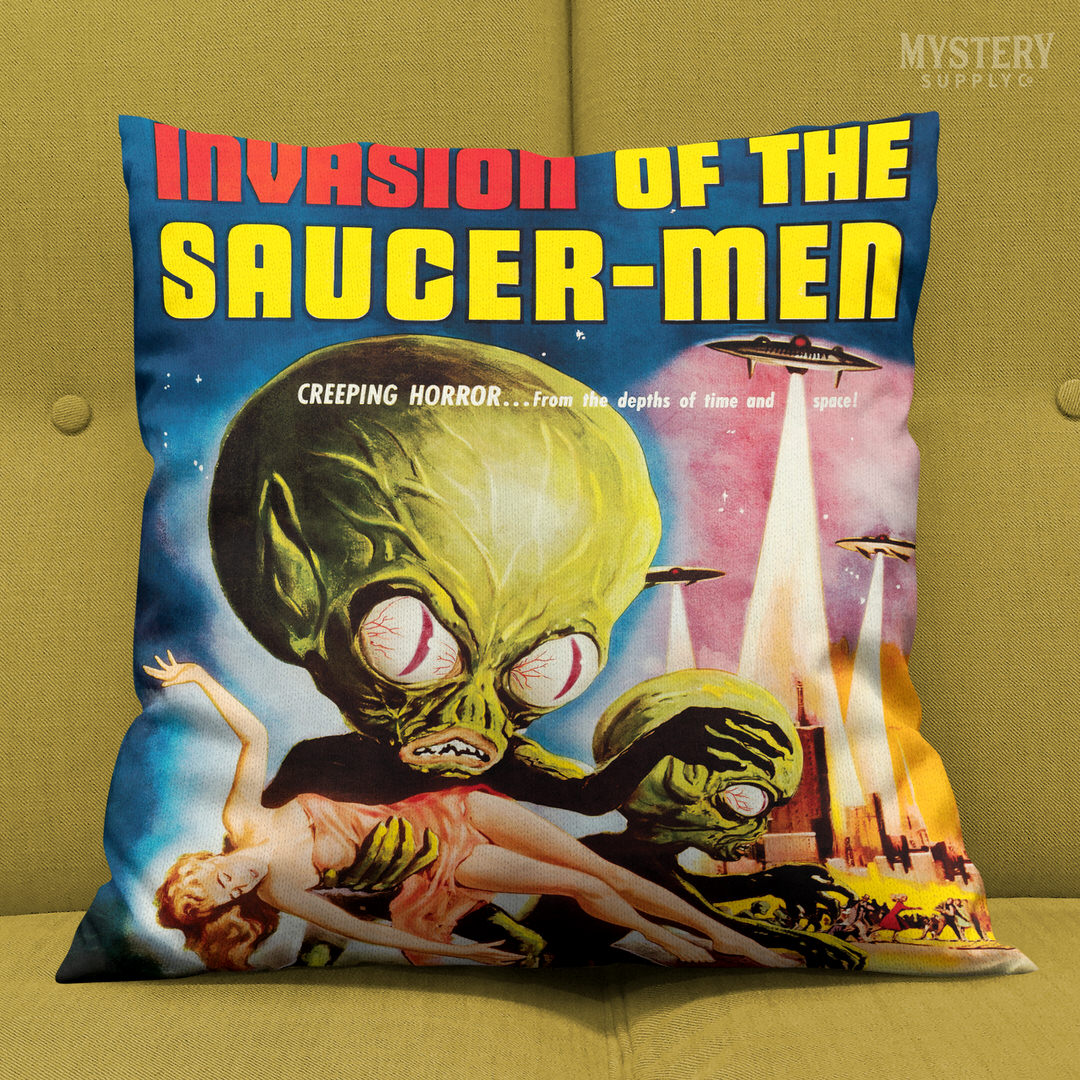 Invasion of the Saucer-Men 1957 vintage science fiction UFO flying saucer alien martian double sided decorative throw pillow home decor from Mystery Supply Co. @mysterysupplyco