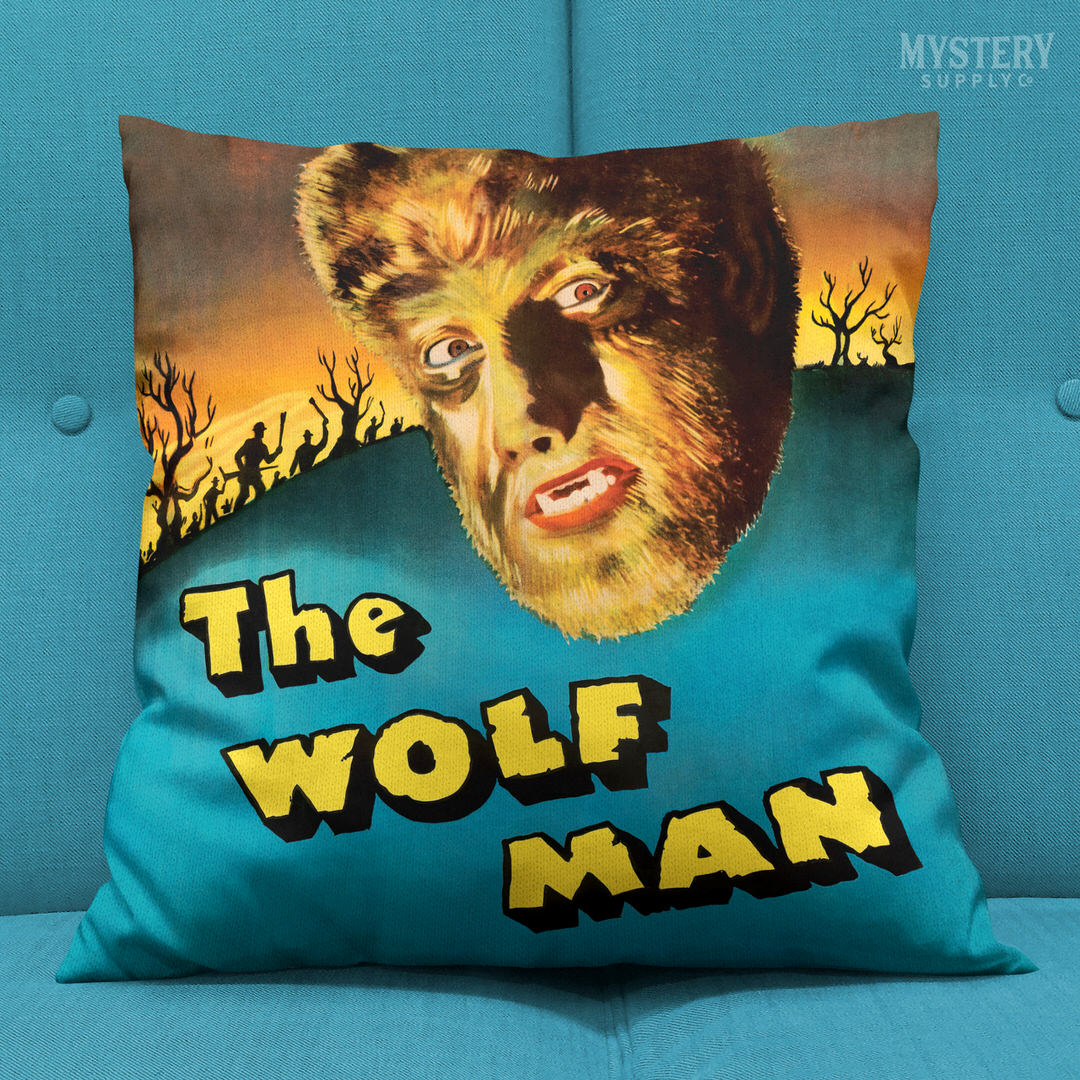 The Wolf Man 1941 vintage Lon Chaney Jr. horror monster werewolf double sided decorative throw pillow home decor from Mystery Supply Co. @mysterysupplyco