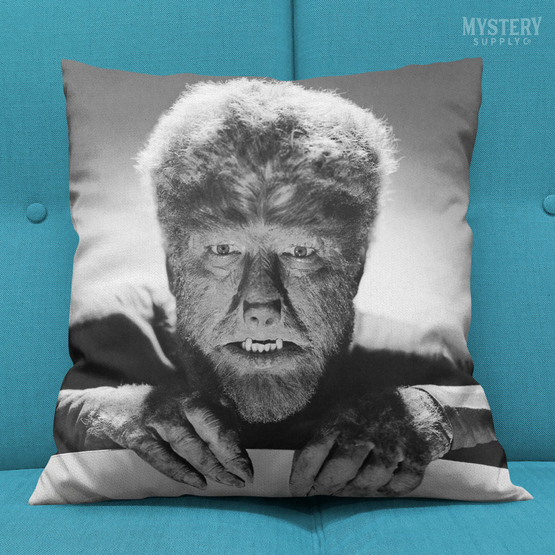 The Wolf Man 1941 Vintage Horror Movie Monster Lon Chaney Jr. Werewolf fangs and claws Black and White double sided decorative throw pillow home decor from Mystery Supply Co. @mysterysupplyco