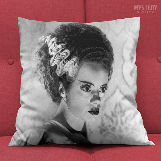 Bride of Frankenstein 1935 Vintage Horror Movie Monster Black and White double sided decorative throw pillow home decor from Mystery Supply Co. @mysterysupplyco