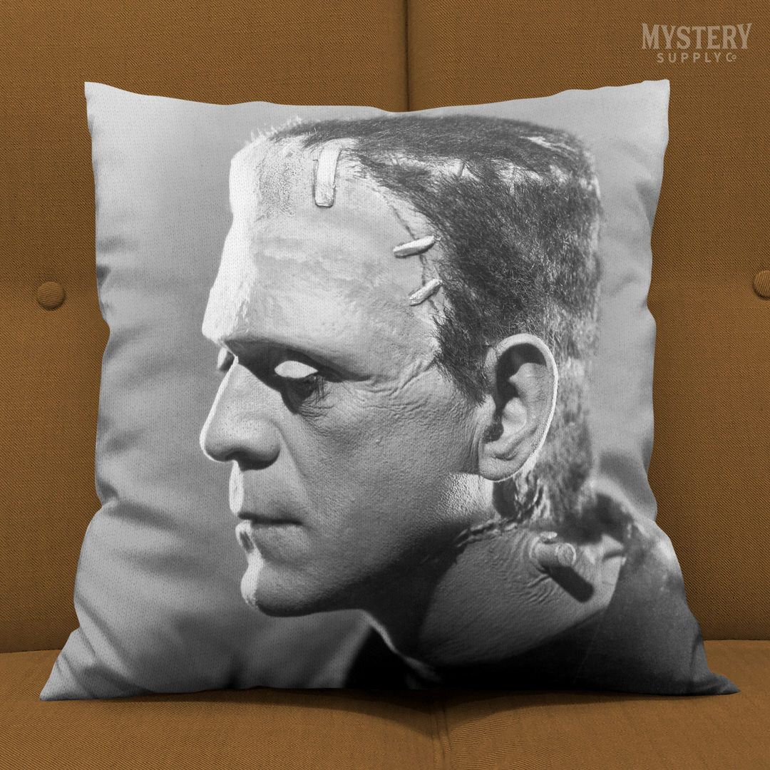 Frankenstein 1935 Vintage Horror Movie Monster Boris Karloff Profile Portrait double sided decorative throw pillow home decor from Mystery Supply Co. @mysterysupplyco