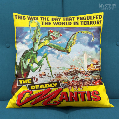The Deadly Mantis 1957 vintage science fiction horror monster movie double sided decorative throw pillow home decor from Mystery Supply Co. @mysterysupplyco