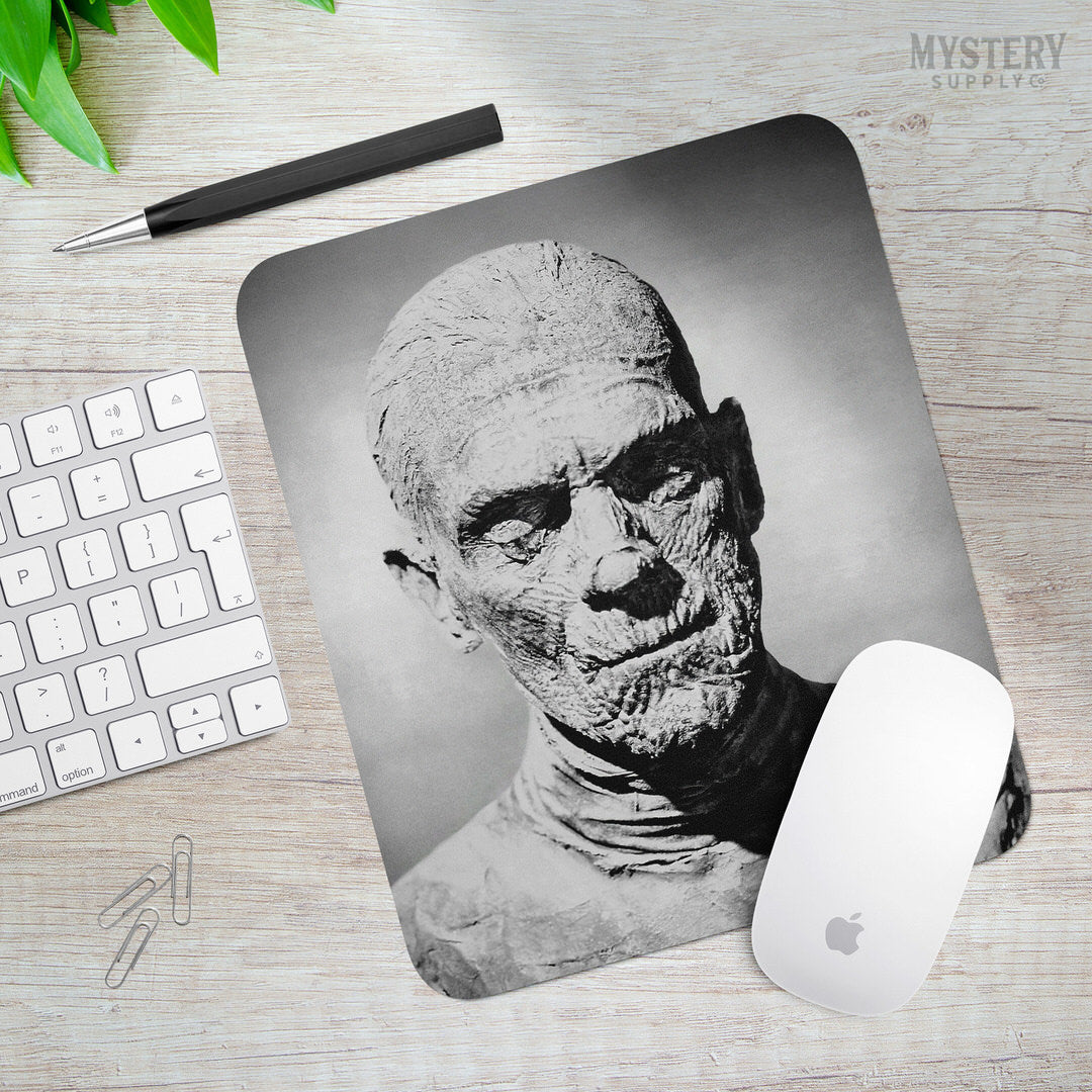 The Mummy 1932 Vintage Horror Movie Monster Boris Karloff Black and White Photo mousepad office decor desk accessories from Mystery Supply Co. @mysterysupplyco