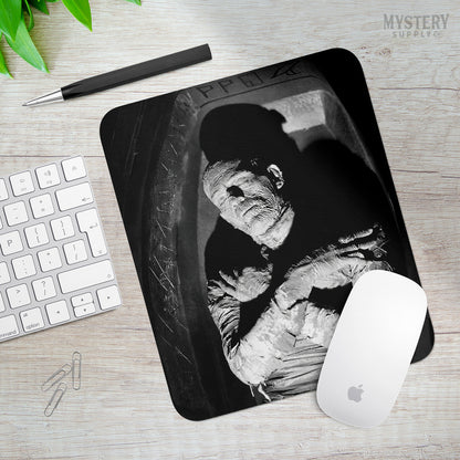 The Mummy 1932 Vintage Horror Movie Monster Boris Karloff Coffin Black and White Photo mousepad office decor desk accessories from Mystery Supply Co. @mysterysupplyco