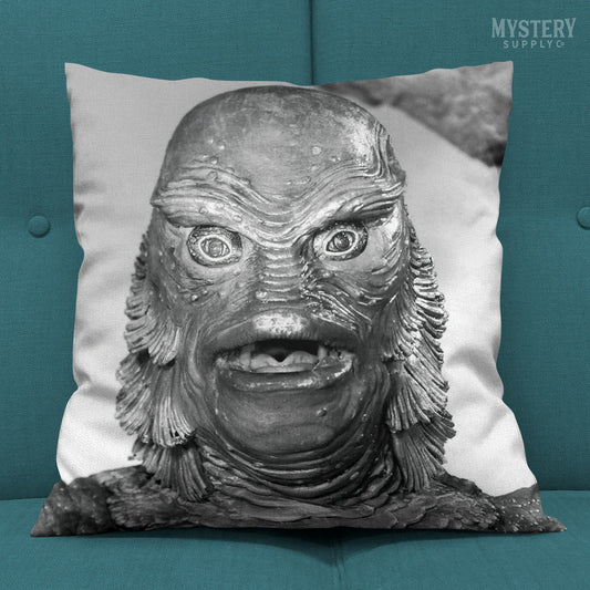 Creature from the Black Lagoon 1954 vintage horror monster gill man black and white double sided decorative throw pillow home decor from Mystery Supply Co. @mysterysupplyco