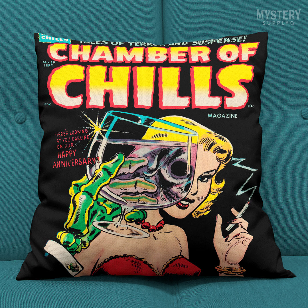 Chamber of Chills #19 vintage horror comic cover reproduction double sided decorative throw pillow home decor from Mystery Supply Co. @mysterysupplyco