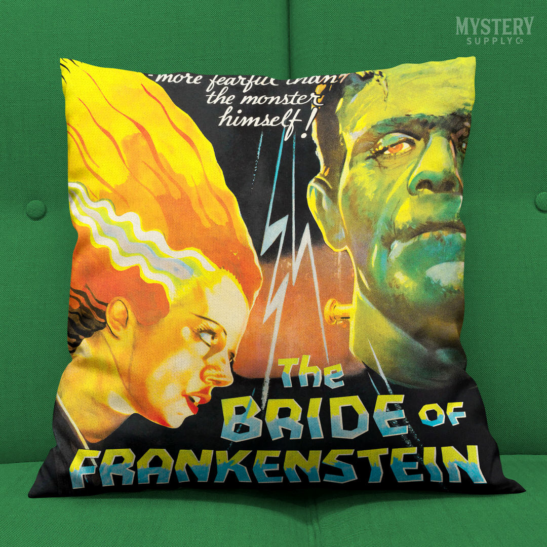 The Bride of Frankenstein 1935 vintage horror monster movie poster double sided decorative throw pillow home decor from Mystery Supply Co. @mysterysupplyco