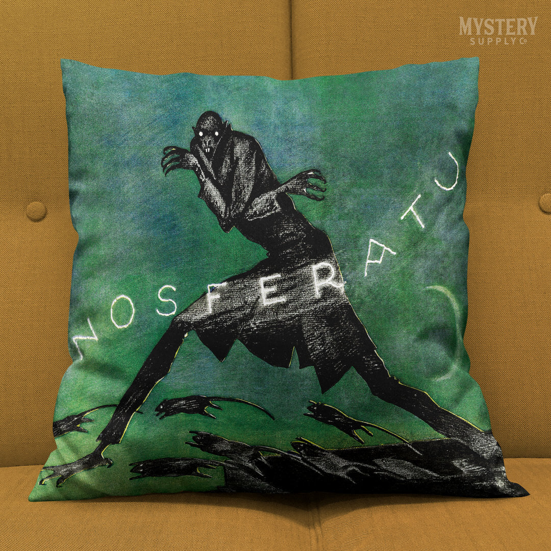 Nosferatu 1921 vintage horror monster vampire Dracula poster reproduction double sided decorative throw pillow home decor from Mystery Supply Co. @mysterysupplyco