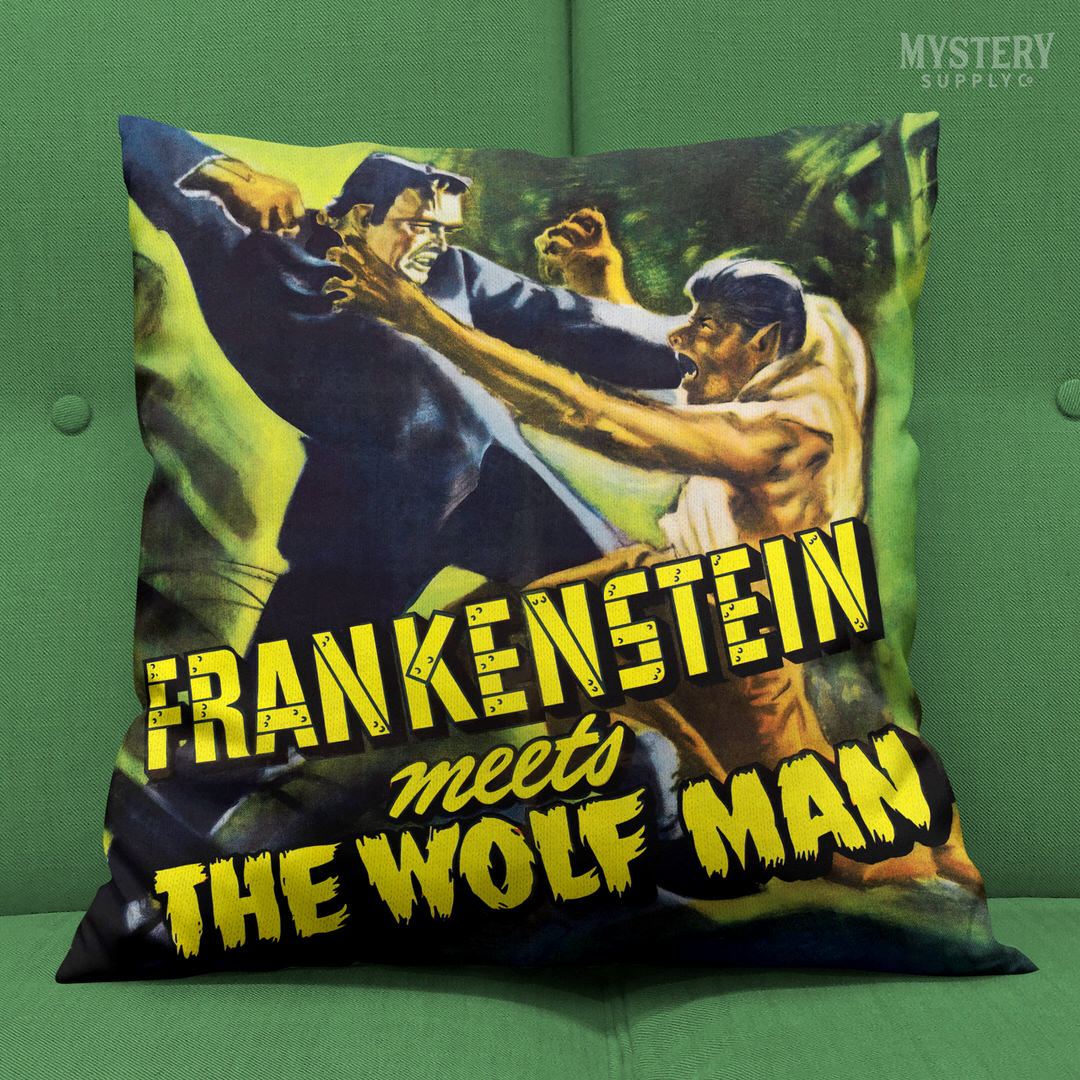 Frankenstein Meets the Wolf Man 1943 vintage horror monster werewolf movie poster double sided decorative throw pillow home decor from Mystery Supply Co. @mysterysupplyco