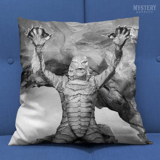 Creature from the Black Lagoon 1954 vintage horror monster gill man scary pose black and white photo reproduction double sided decorative throw pillow home decor from Mystery Supply Co. @mysterysupplyco