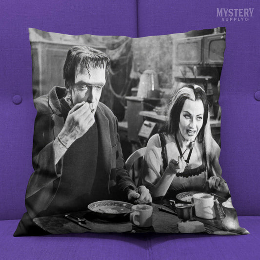 Herman and Lily Munster 1960s Vintage The Munsters Frankenstein Vampire Horror Monster Couple Black and White double sided decorative throw pillow home decor from Mystery Supply Co. @mysterysupplyco