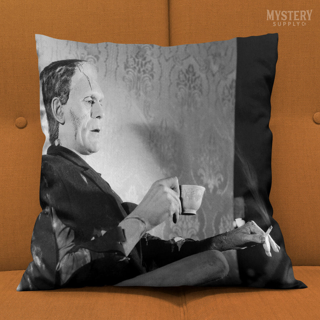Frankenstein Vintage Boris Karloff Relaxing Smoking Drinking Tea Horror Movie Monster Black and White double sided decorative throw pillow home decor from Mystery Supply Co. @mysterysupplyco