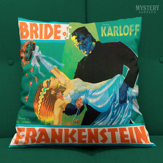 Bride of Frankenstein 1935 vintage promotional illustration horror monster movie double sided decorative throw pillow home decor from Mystery Supply Co. @mysterysupplyco