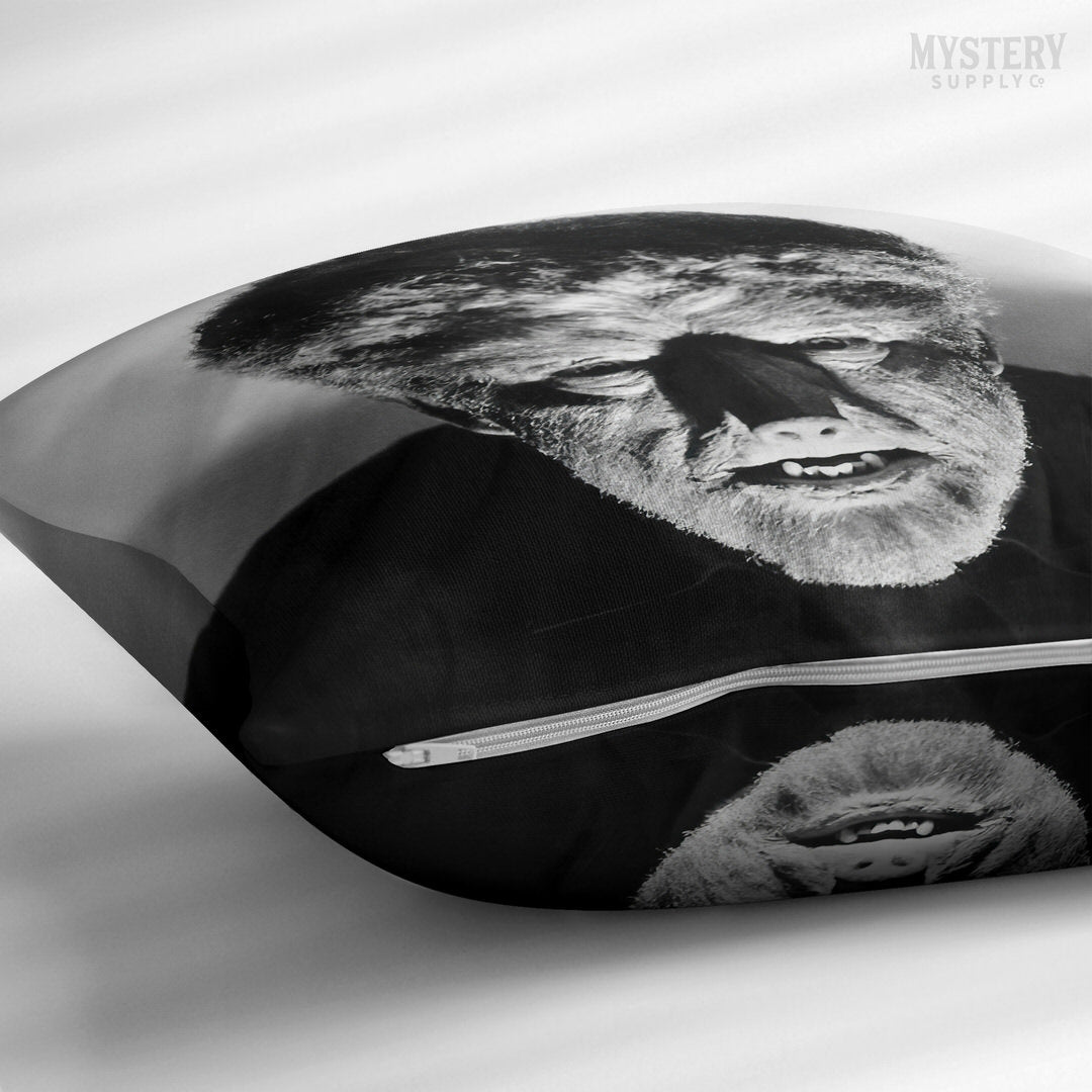 The Wolf Man 1941 Vintage Horror Movie Monster Lon Chaney Jr. Werewolf dramatic Black and White Photo double sided decorative throw pillow home decor from Mystery Supply Co. @mysterysupplyco