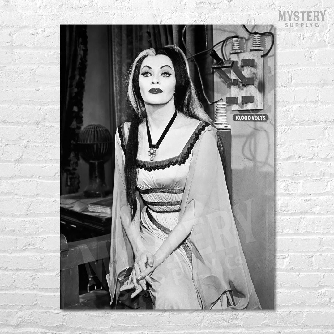 Lily Munster Yvonne De Carlo 1960s 10,000 Volts Vintage The Munsters Vampire Horror Monster Beauty Black and White Photo reproduction from Mystery Supply Co. @mysterysupplyco