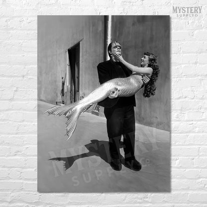 Frankenstein Carrying Mermaid 1948 Vintage Horror Movie Monster Glenn Strange Ann Blyth Mermaid Behind the Scenes Black and White Photo reproduction from Mystery Supply Co. @mysterysupplyco