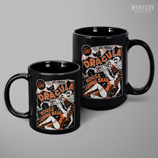 Dracula House of the Living Dead 11oz and 15oz black ceramic horror vampire bat haunted house coffee mug from Mystery Supply Co. @mysterysupplyco