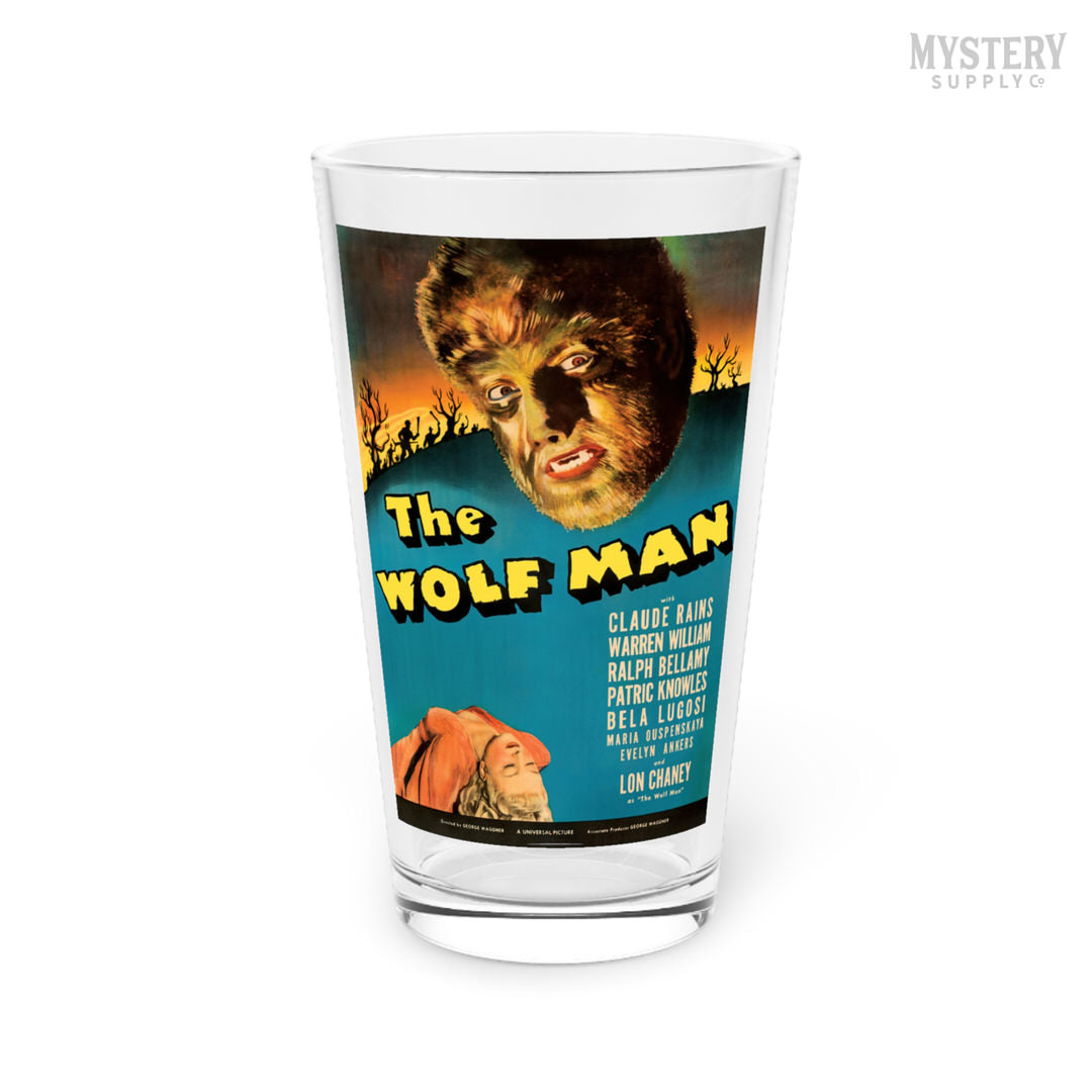 The Wolf Man 1941 vintage Lon Chaney Jr. horror monster werewolf movie poster reproduction 16oz pint glass home decor glassware from Mystery Supply Co. @mysterysupplyco