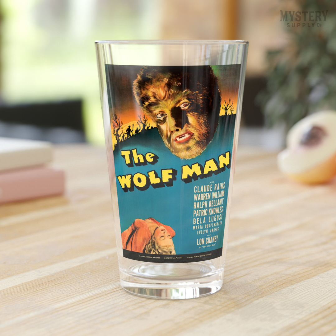 The Wolf Man 1941 vintage Lon Chaney Jr. horror monster werewolf movie poster reproduction 16oz pint glass home decor glassware from Mystery Supply Co. @mysterysupplyco