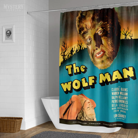 The Wolf Man 1941 vintage Lon Chaney Jr. horror monster werewolf movie poster reproduction shower curtain bathroom decor from Mystery Supply Co. @mysterysupplyco