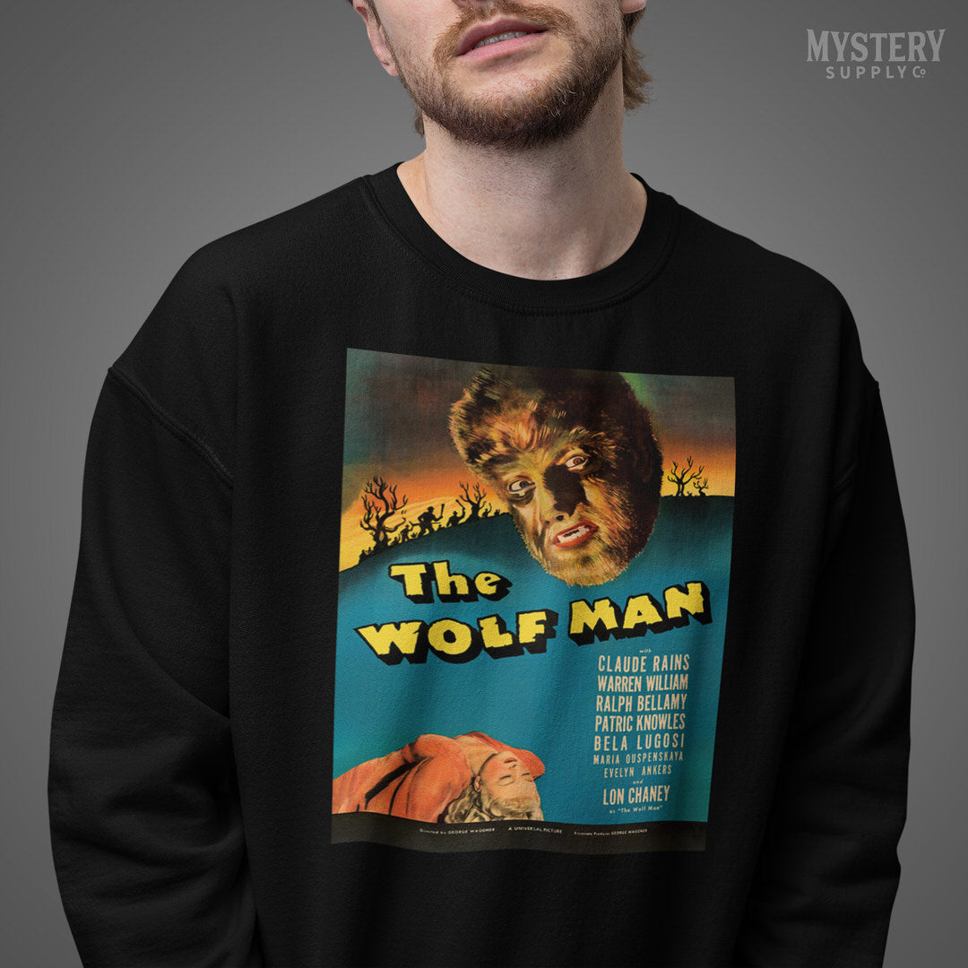 The Wolf Man 1941 vintage Lon Chaney Jr. horror monster werewolf movie poster reproduction Mens Womens Unisex Heavy Blend Crewneck Sweatshirt from Mystery Supply Co. @mysterysupplyco