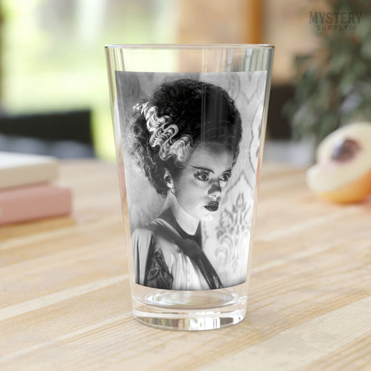 Bride of Frankenstein 1935 Vintage Horror Movie Monster Black and White Dramatic Photo reproduction 16oz pint glass home decor glassware from Mystery Supply Co. @mysterysupplyco