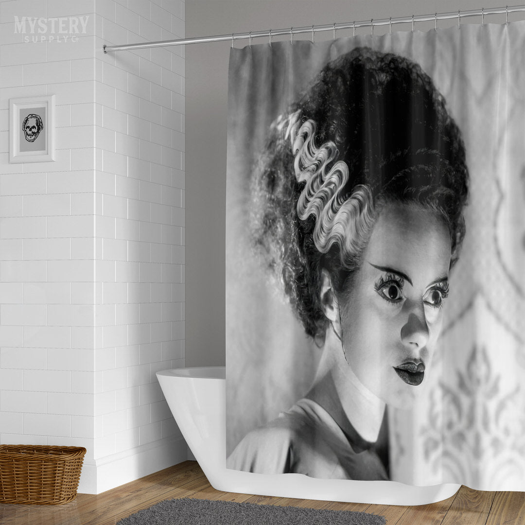 Bride of Frankenstein 1935 Vintage Horror Movie Monster Black and White Dramatic Photo reproduction shower curtain bathroom decor from Mystery Supply Co. @mysterysupplyco