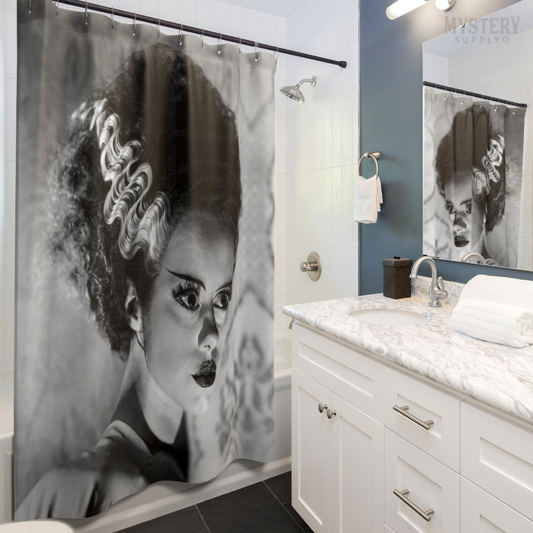 Bride of Frankenstein 1935 Vintage Horror Movie Monster Black and White Dramatic Photo reproduction shower curtain bathroom decor from Mystery Supply Co. @mysterysupplyco