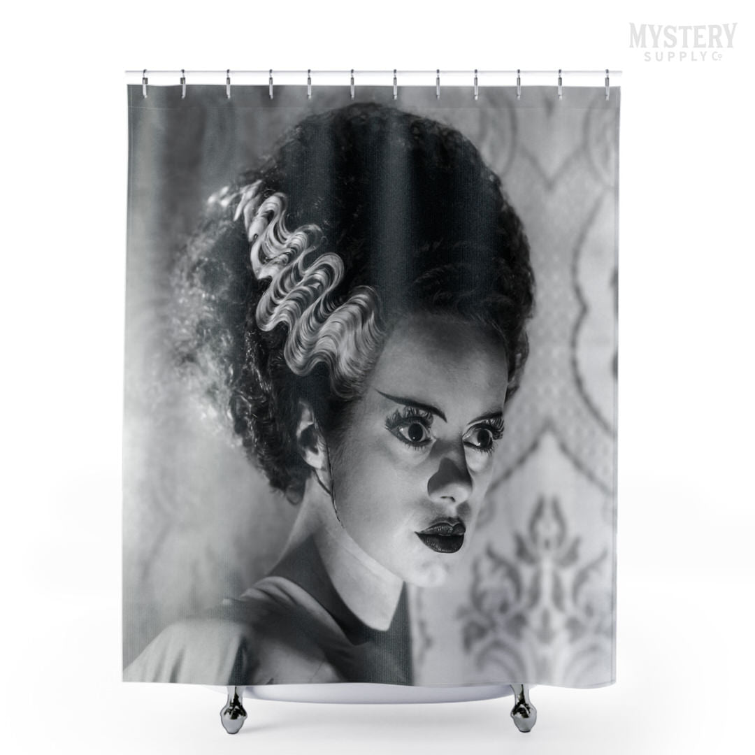 Bride of Frankenstein 1935 Vintage Horror Movie Monster Black and White Dramatic Photo reproduction shower curtain bathroom decor from Mystery Supply Co. @mysterysupplyco