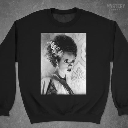 Bride of Frankenstein 1935 Vintage Horror Movie Monster Black and White Dramatic Photo reproduction Mens Womens Unisex Heavy Blend Crewneck Sweatshirt from Mystery Supply Co. @mysterysupplyco