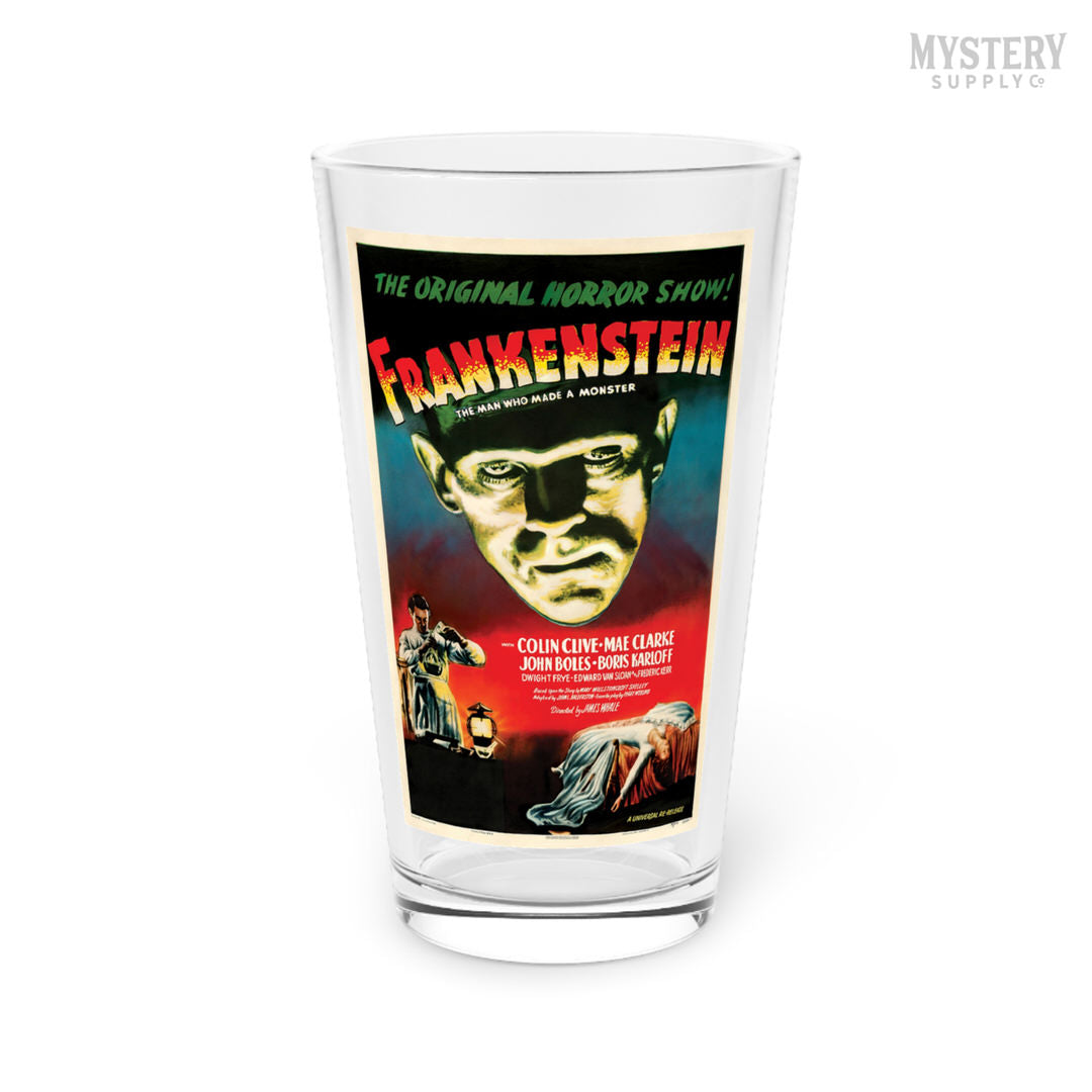 Frankenstein 1947 vintage horror monster movie poster reproduction 16oz pint glass home decor glassware from Mystery Supply Co. @mysterysupplyco