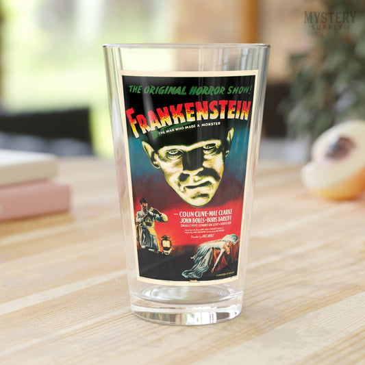 Frankenstein 1947 vintage horror monster movie poster reproduction 16oz pint glass home decor glassware from Mystery Supply Co. @mysterysupplyco