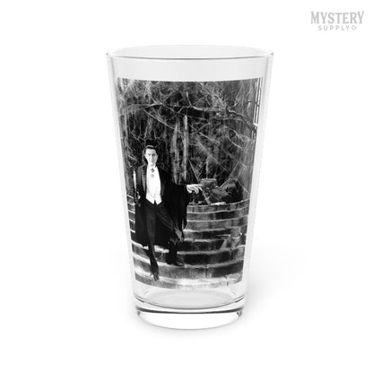 Dracula 1930s Vintage Bela Lugosi Horror Movie Vampire Monster Spooky Candle Steps Cobwebs Black and White Photo reproduction 16oz pint glass home decor glassware from Mystery Supply Co. @mysterysupplyco