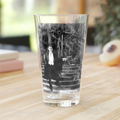 Dracula 1930s Vintage Bela Lugosi Horror Movie Vampire Monster Spooky Candle Steps Cobwebs Black and White Photo reproduction 16oz pint glass home decor glassware from Mystery Supply Co. @mysterysupplyco