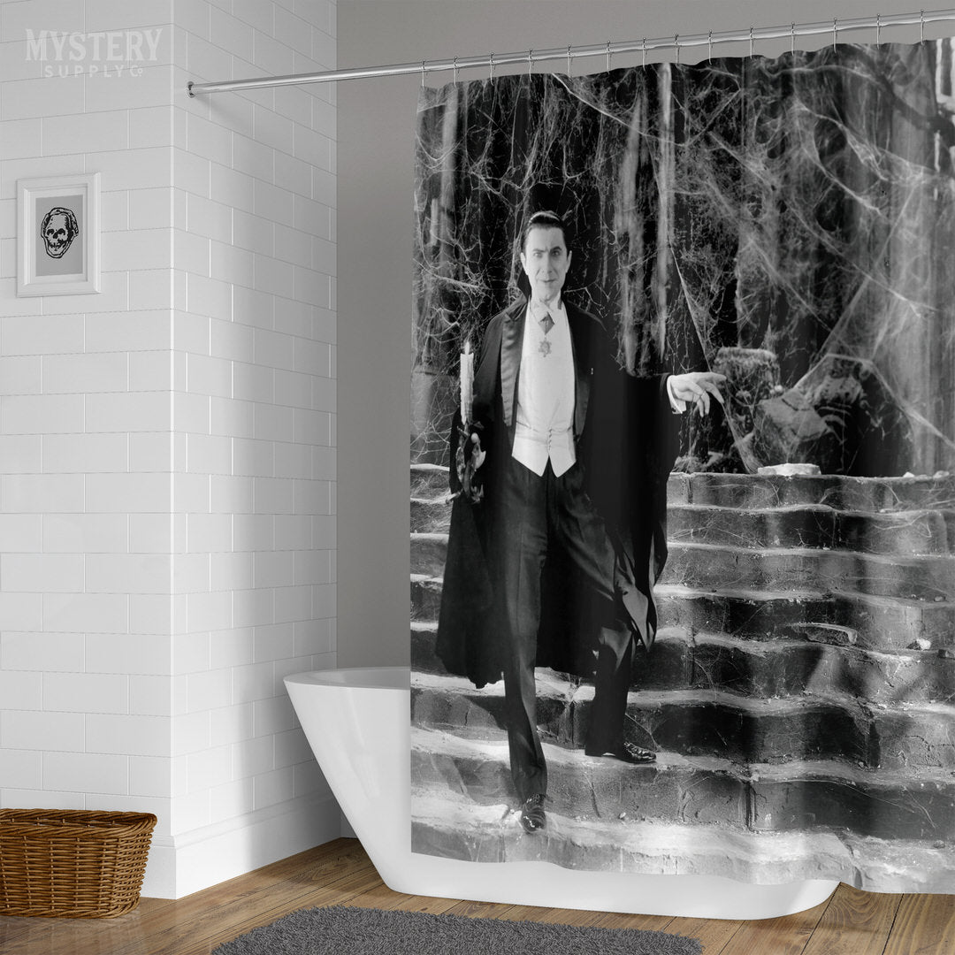 Dracula 1930s Vintage Bela Lugosi Horror Movie Vampire Monster Spooky Candle Steps Cobwebs Black and White Photo reproduction shower curtain bathroom decor from Mystery Supply Co. @mysterysupplyco