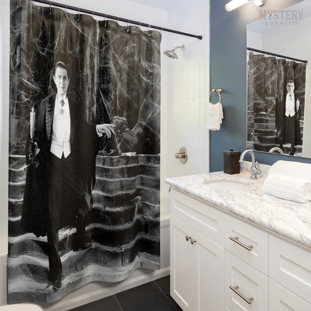 Dracula 1930s Vintage Bela Lugosi Horror Movie Vampire Monster Spooky Candle Steps Cobwebs Black and White Photo reproduction shower curtain bathroom decor from Mystery Supply Co. @mysterysupplyco