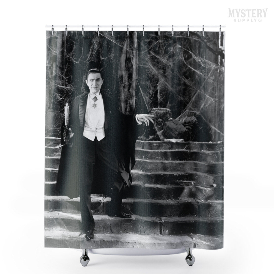 Dracula 1930s Vintage Bela Lugosi Horror Movie Vampire Monster Spooky Candle Steps Cobwebs Black and White Photo reproduction shower curtain bathroom decor from Mystery Supply Co. @mysterysupplyco