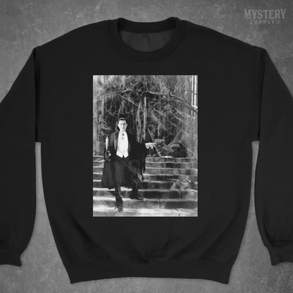 Dracula 1930s Vintage Bela Lugosi Horror Movie Vampire Monster Spooky Candle Steps Cobwebs Black and White Photo reproduction Mens Womens Unisex Heavy Blend Crewneck Sweatshirt from Mystery Supply Co. @mysterysupplyco