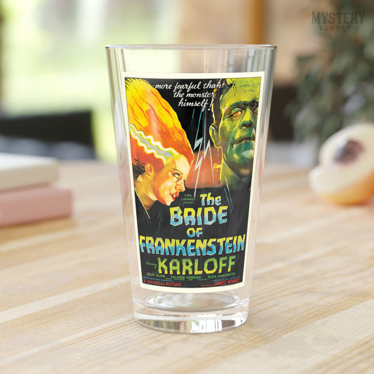 The Bride of Frankenstein 1935 vintage horror monster movie poster reproduction 16oz pint glass home decor glassware from Mystery Supply Co. @mysterysupplyco