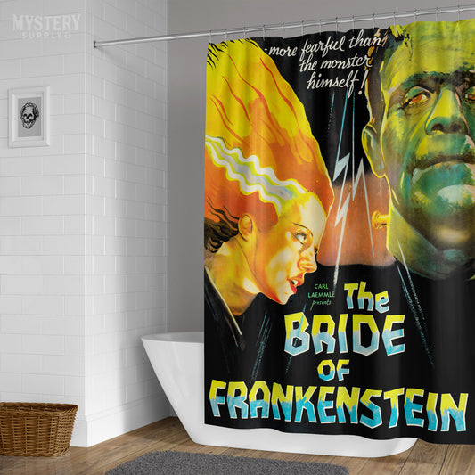 The Bride of Frankenstein 1935 vintage horror monster movie poster reproduction shower curtain bathroom decor from Mystery Supply Co. @mysterysupplyco