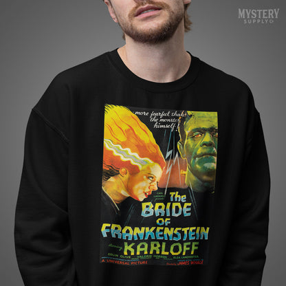 Man wearing The Bride of Frankenstein 1935 vintage horror monster movie poster reproduction Mens Womens Unisex Heavy Blend Crewneck Sweatshirt from Mystery Supply Co. @mysterysupplyco