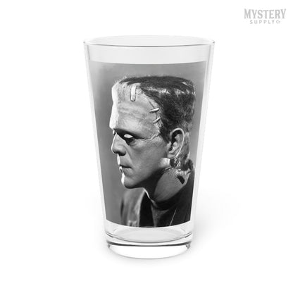 Frankenstein 1935 Vintage Horror Movie Monster Boris Karloff Profile Portrait Photo reproduction 16oz pint glass home decor glassware from Mystery Supply Co. @mysterysupplyco