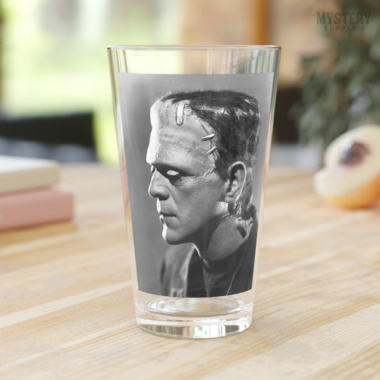 Frankenstein 1935 Vintage Horror Movie Monster Boris Karloff Profile Portrait Photo reproduction 16oz pint glass home decor glassware from Mystery Supply Co. @mysterysupplyco