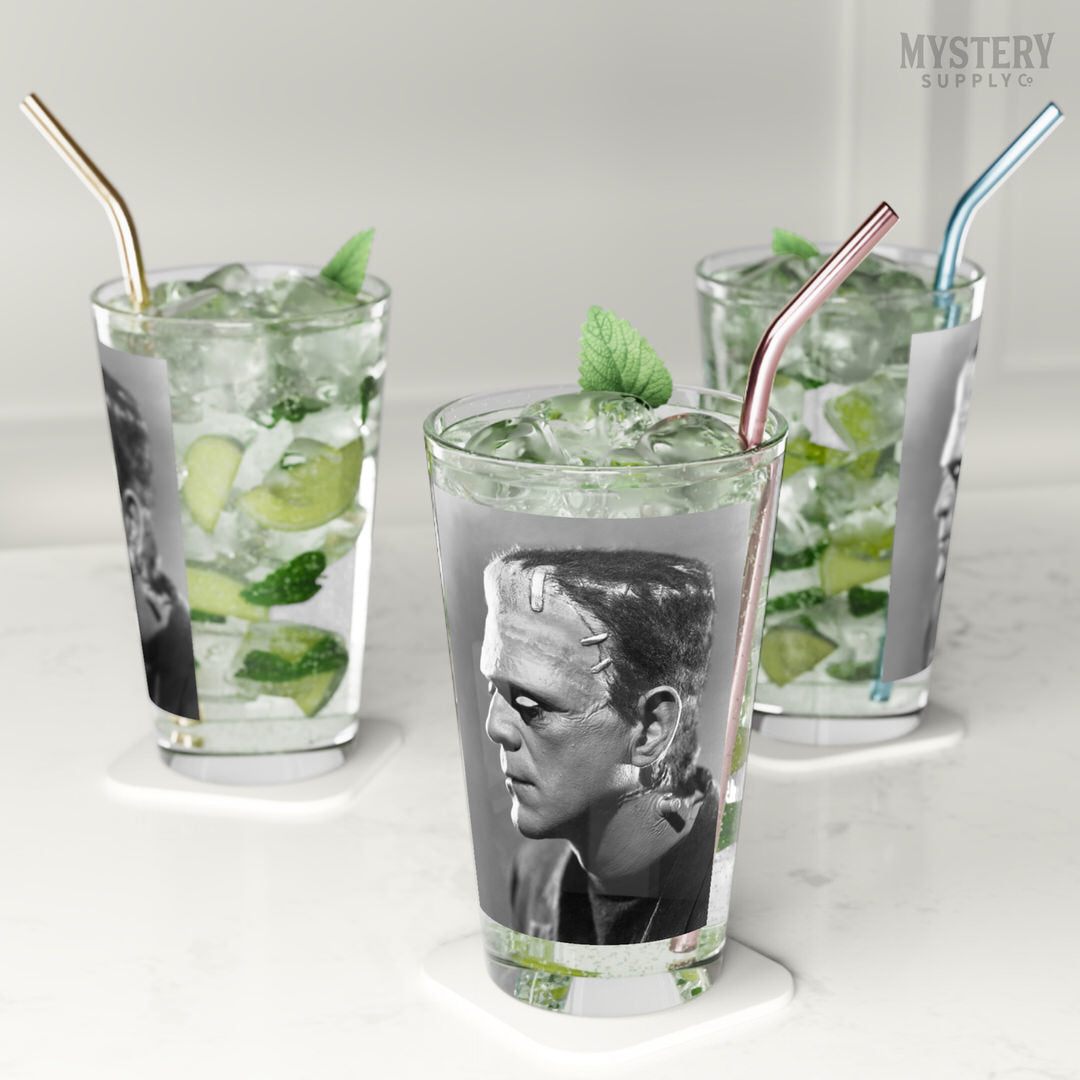 Frankenstein 1935 Vintage Horror Movie Monster Boris Karloff Profile Portrait Photo reproduction 16oz pint glass home decor glassware from Mystery Supply Co. @mysterysupplyco