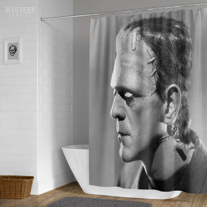 Frankenstein 1935 Vintage Horror Movie Monster Boris Karloff Profile Portrait Photo reproduction shower curtain bathroom decor from Mystery Supply Co. @mysterysupplyco