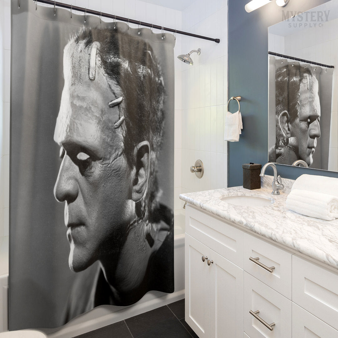 Frankenstein 1935 Vintage Horror Movie Monster Boris Karloff Profile Portrait Photo reproduction shower curtain bathroom decor from Mystery Supply Co. @mysterysupplyco