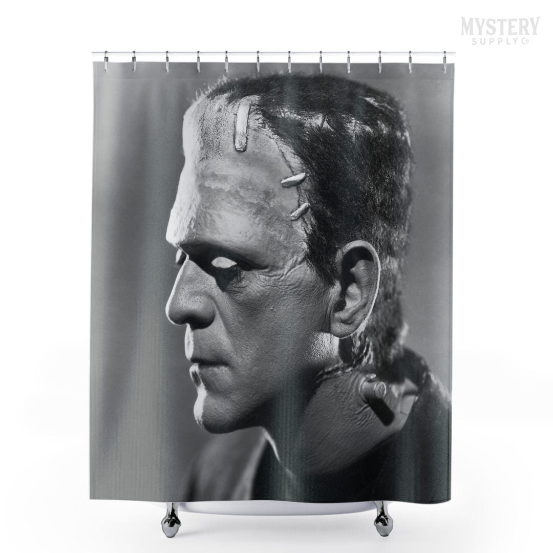 Frankenstein 1935 Vintage Horror Movie Monster Boris Karloff Profile Portrait Photo reproduction shower curtain bathroom decor from Mystery Supply Co. @mysterysupplyco